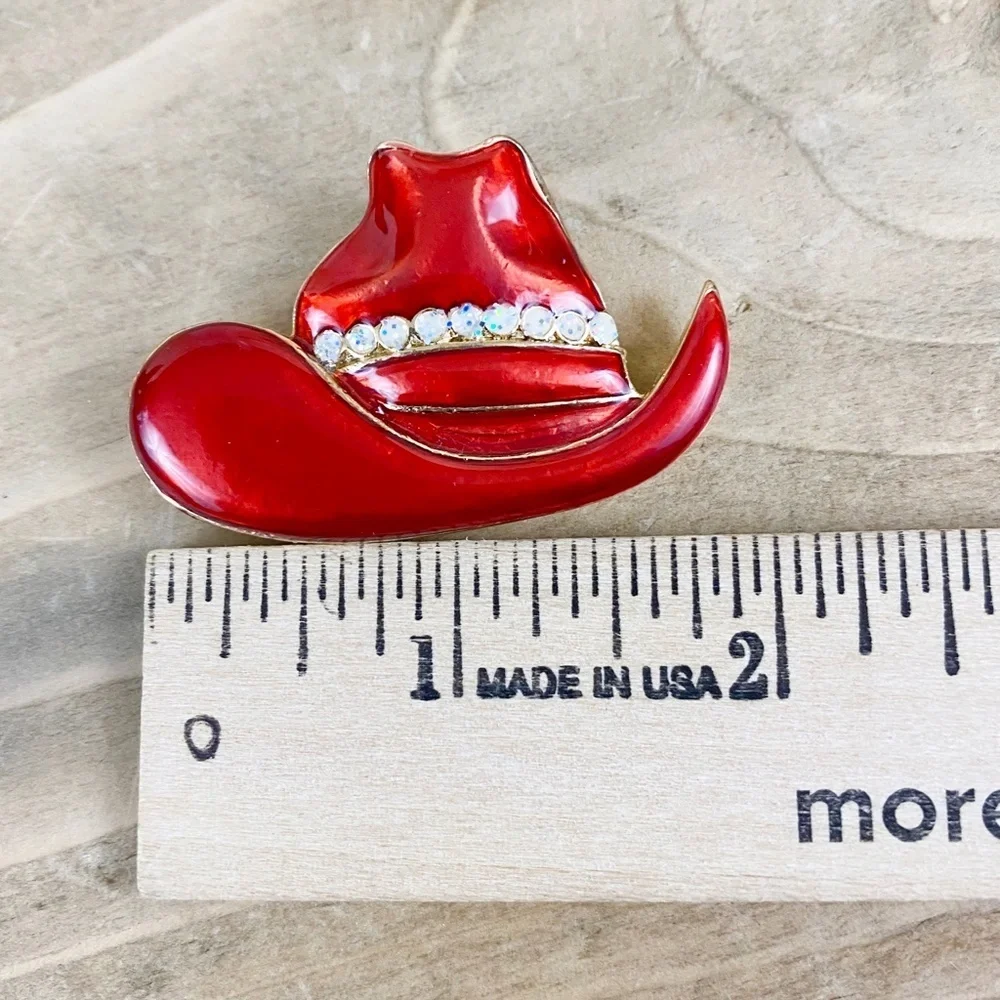 Vintage‎ Hand Painted Enamel Brooch Red Cowboy Hat Rhinestones Pin